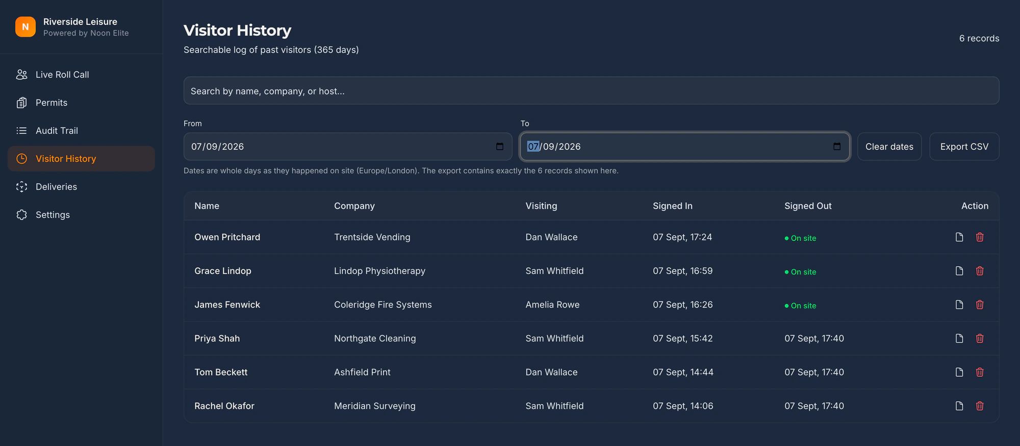 The visitor history screen filtered to a single day, listing six visitors with their company, host, and sign in and sign out times, beside an Export CSV button