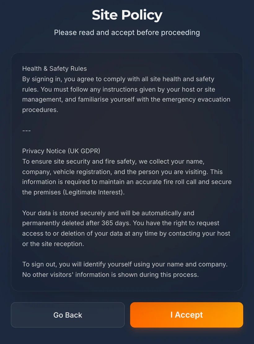 The kiosk site policy screen, showing the health and safety rules and a UK GDPR privacy notice naming what is collected, the legitimate interest basis and automatic deletion after 365 days