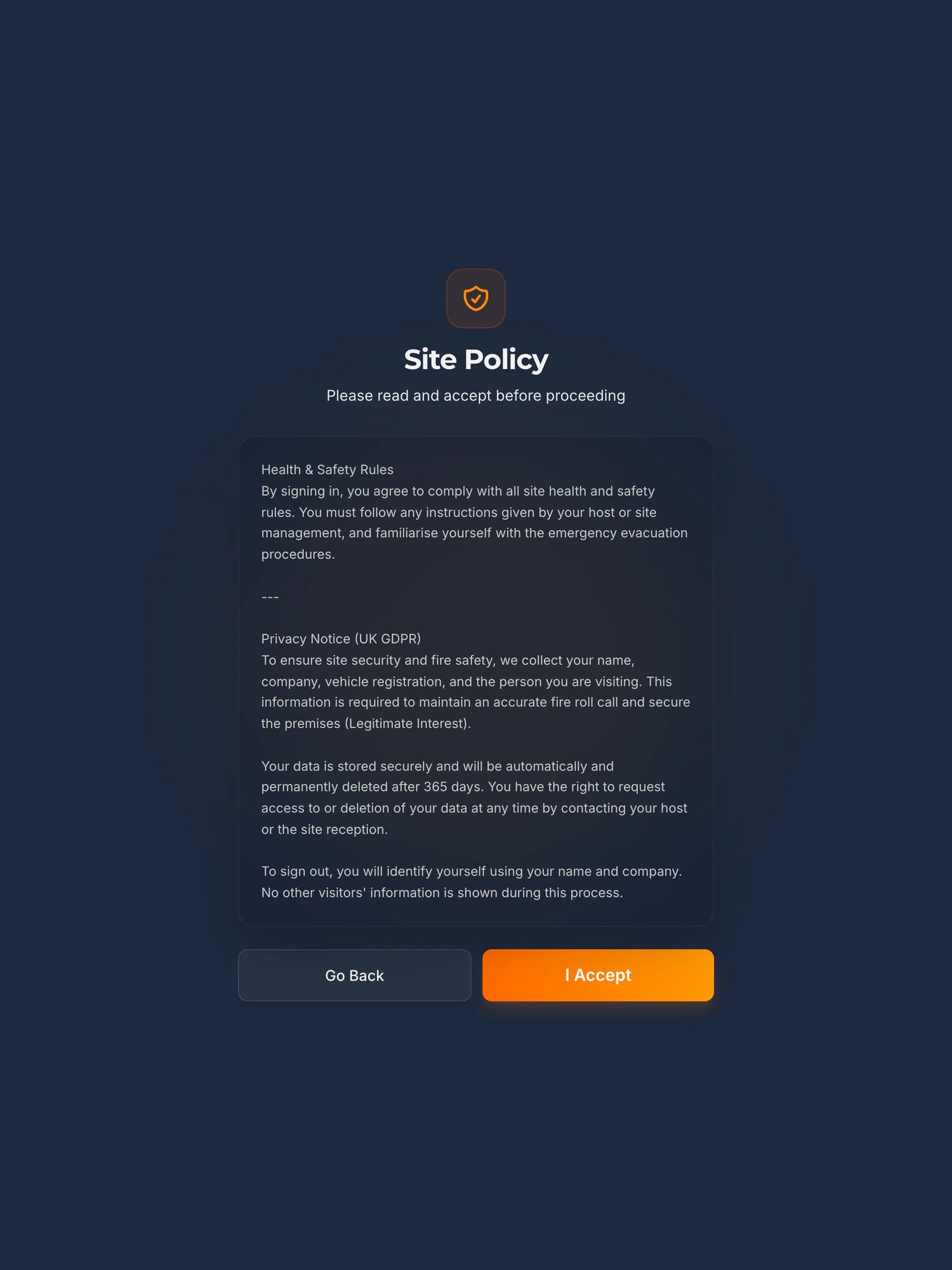 The kiosk site policy screen, showing the health and safety rules a visitor must read and acknowledge before signing in