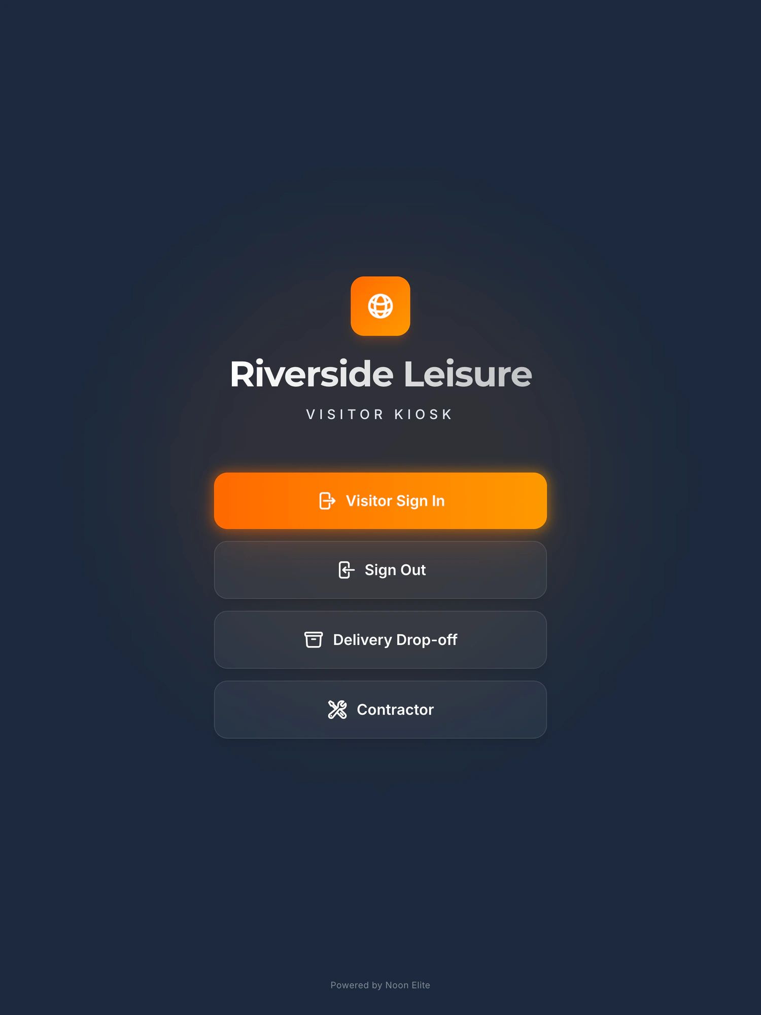 The kiosk home screen on an iPad, offering Visitor Sign In, Sign Out, Delivery Drop-off and Contractor