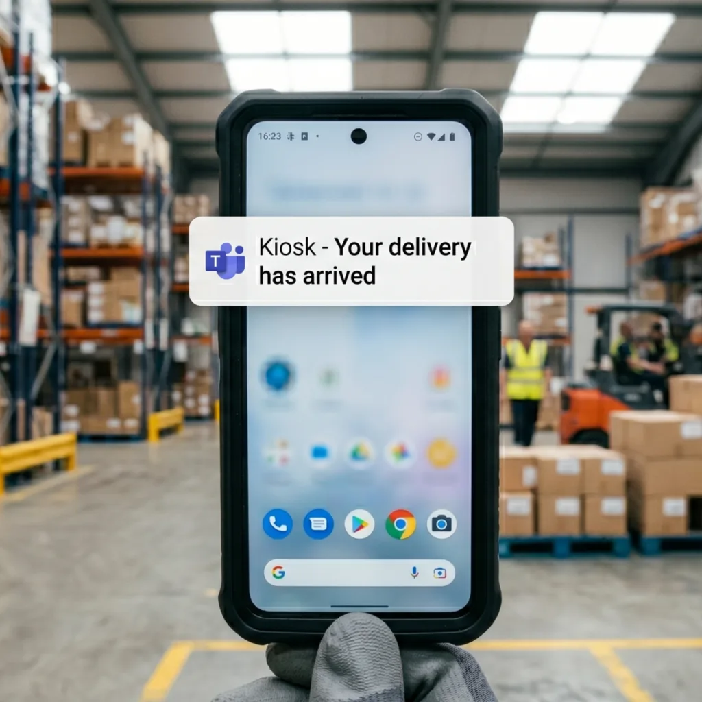 A Microsoft Teams notification on a phone reading: Kiosk, your delivery has arrived