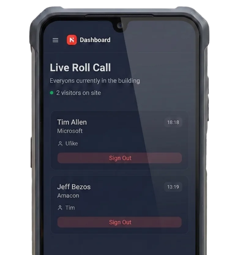 Live roll call on a phone, listing every visitor currently signed in on site